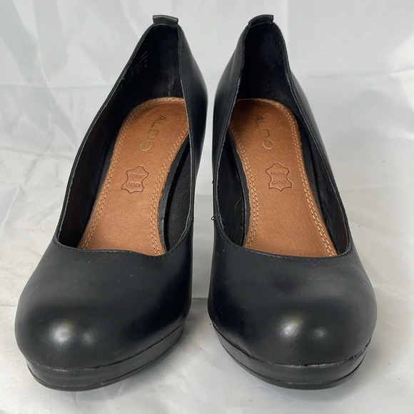 ALDO Black Genuine Leather Platform Pumps Shoes Heels Round Toe 8.5 - Picture 5 of 14